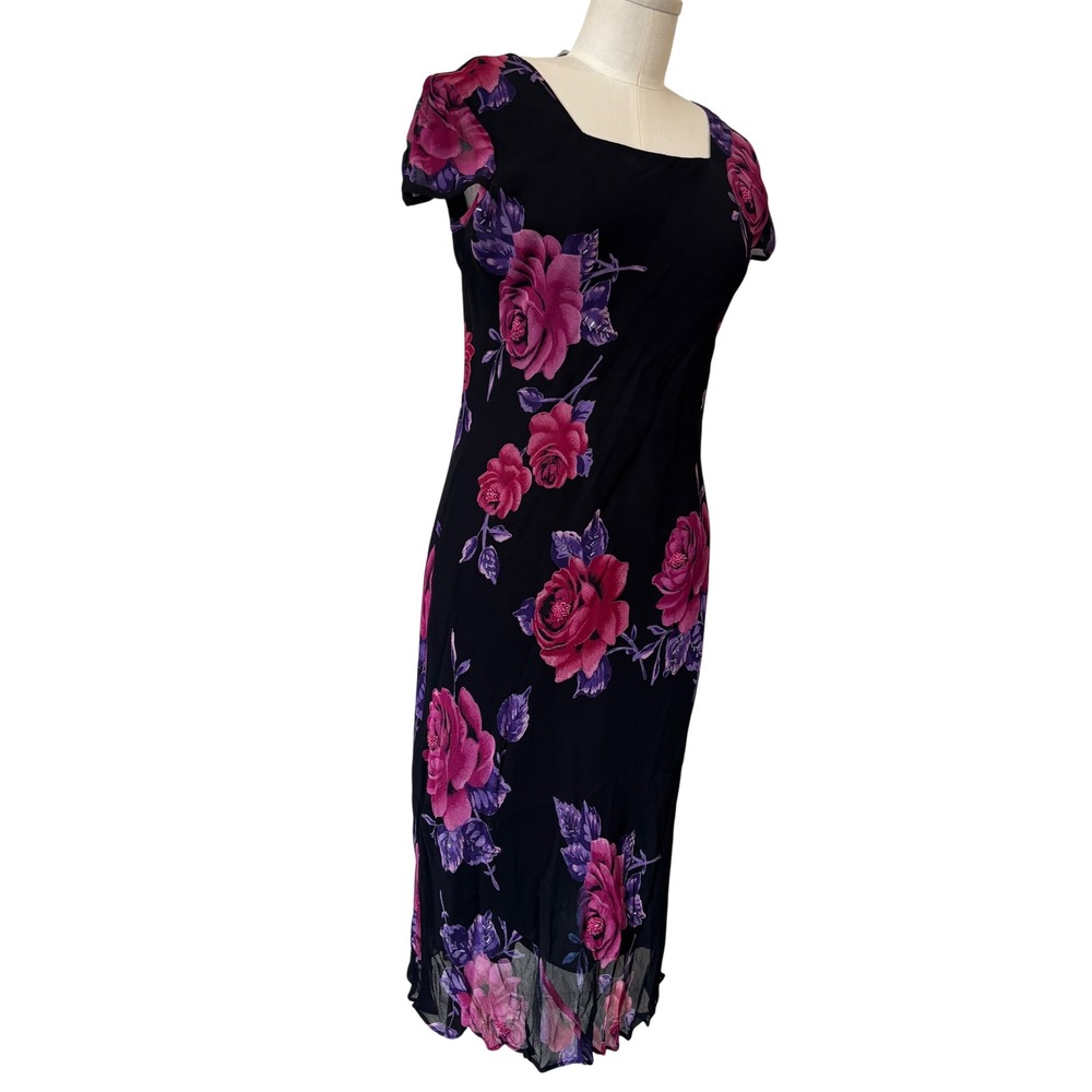Y2k American Angel Fairy Floral Bead Dress Black Pink Rose Sheath Square Neck M